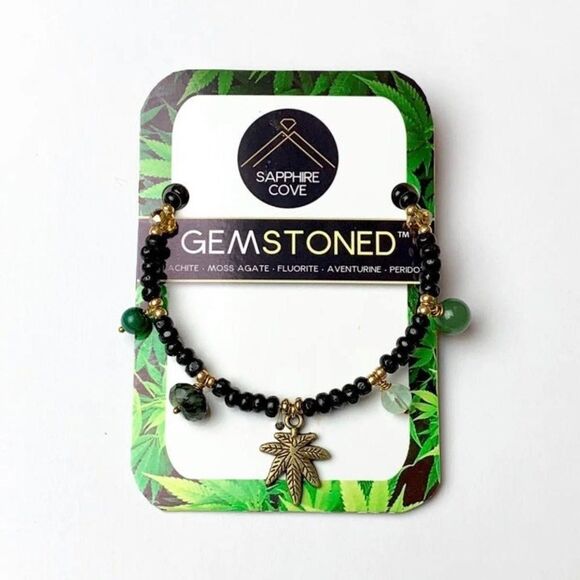 GEMSTONED™ Pot Leaf Bracelet Hemp Aventurine Malachite Peridot Fluorite Agate - Picture 5 of 5